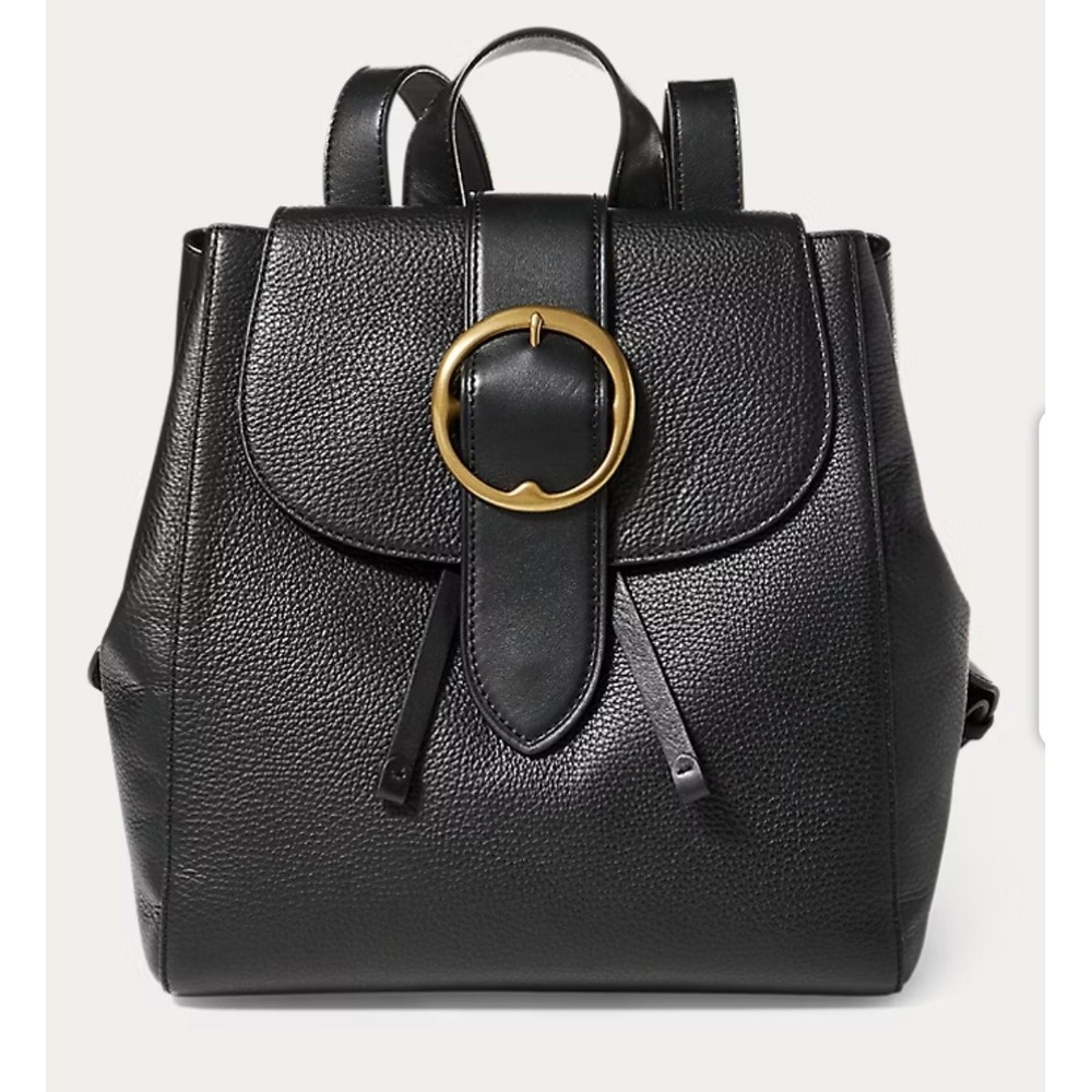 Polo Ralph Lauren Black Pebbled Leather Buckle Lennox Backpack Bag Gold Hardware